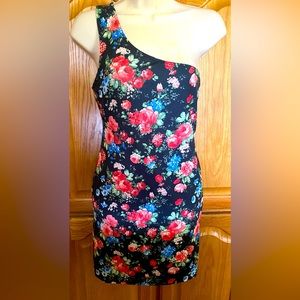 Forever 21 one shoulder bodycon mini dress, coral & blue floral print, med, NWT